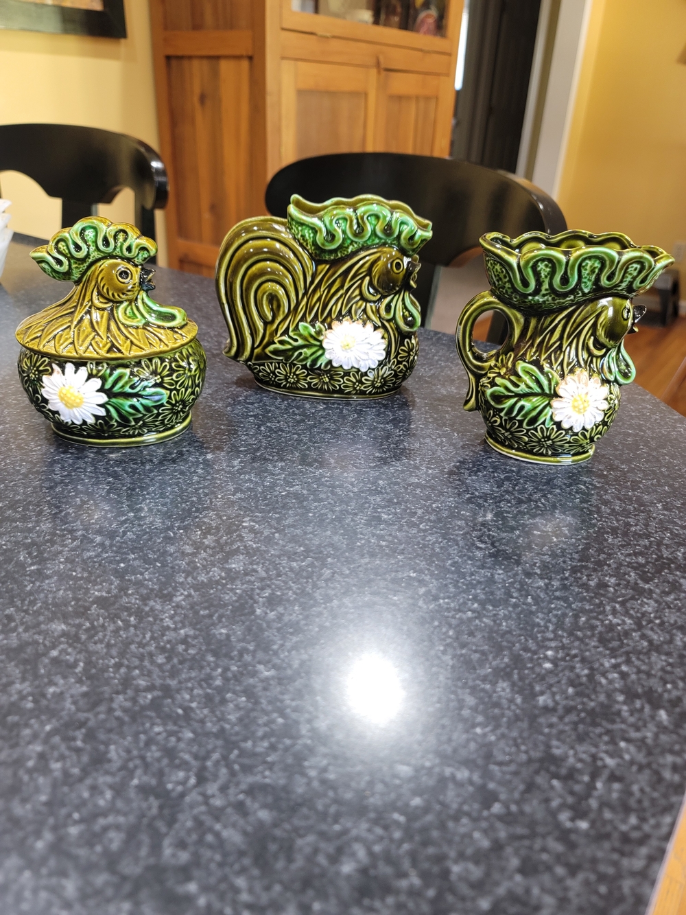 Vintage Green Ceramic Rooster Creamer Sugar Bowl Napkin Holder Set Japan